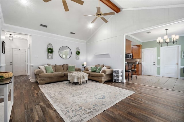 living area with high vaulted ceiling, dark wood finished floors, crown molding, and beamed ceiling