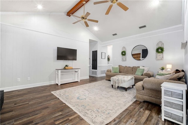 living area with high vaulted ceiling, visible vents, dark wood-style flooring, and beamed ceiling