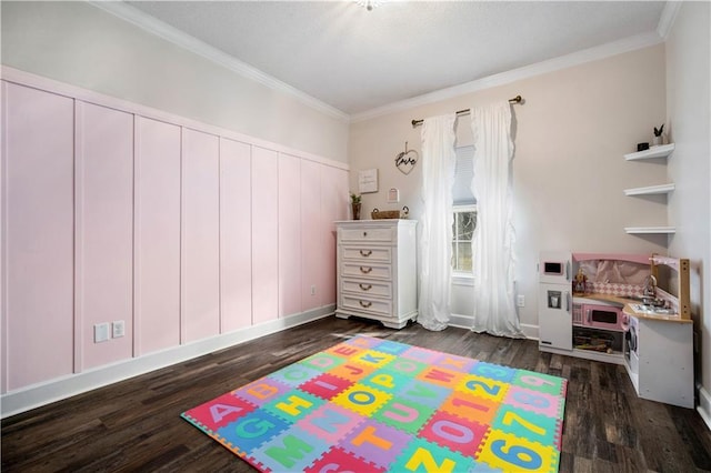 bedroom with dark wood-style floors and ornamental molding