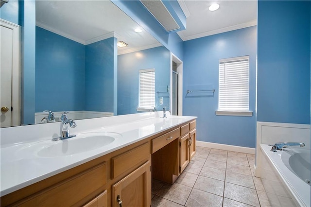 bathroom with double vanity, ornamental molding, a sink, tile patterned flooring, and plenty of natural light