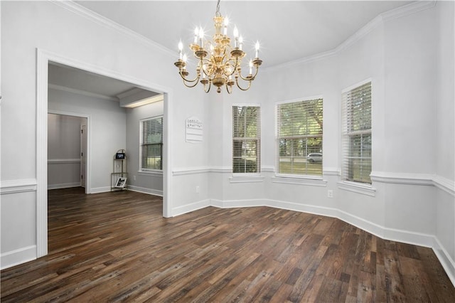 unfurnished dining area with baseboards, dark wood-style flooring, a chandelier, and crown molding