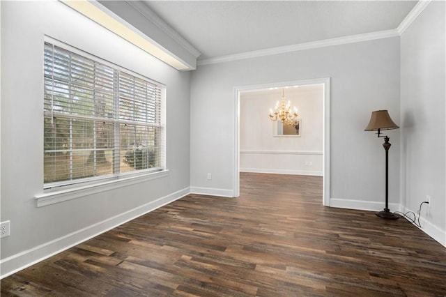 unfurnished room featuring baseboards, dark wood-type flooring, an inviting chandelier, and crown molding