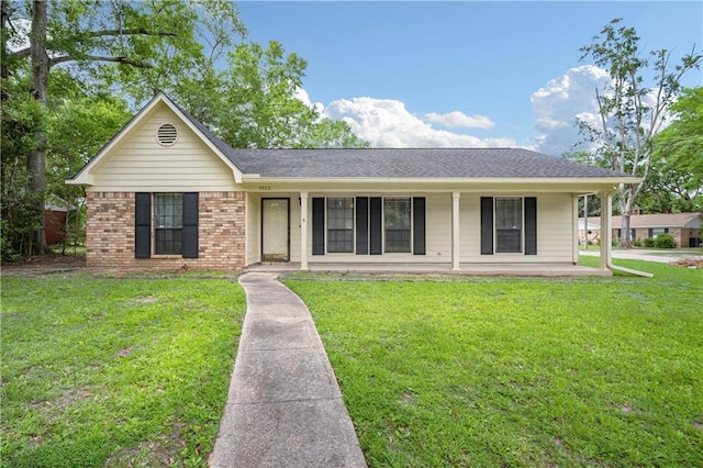 5902 Reams Dr S, Mobile, AL 36608 - ranch-style home with covered porch, a front yard, and brick siding