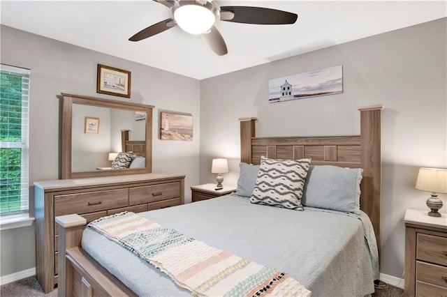 bedroom featuring carpet flooring, ceiling fan, and multiple windows