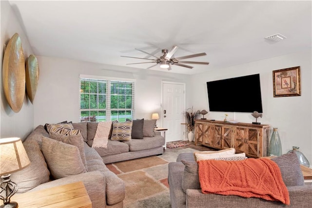 living room with ceiling fan