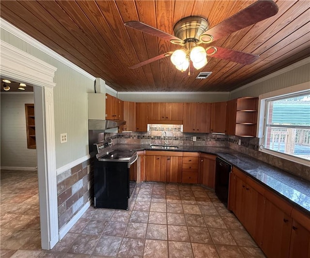 408 Chenault Ave, Dauphin Island, AL 36528 - kitchen with electric stove, black dishwasher, crown molding, open shelves, and wood ceiling