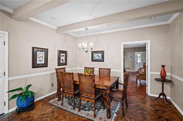 dining room with crown molding, a textured ceiling, beam ceiling, and a chandelier