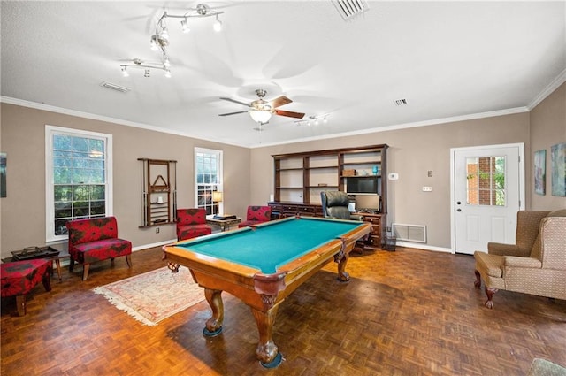 rec room with ceiling fan, a healthy amount of sunlight, ornamental molding, and billiards