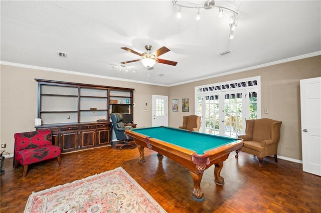 playroom with ceiling fan, crown molding, dark parquet floors, and billiards