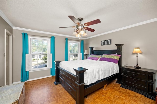 bedroom featuring ceiling fan, a textured ceiling, ornamental molding, and light parquet floors