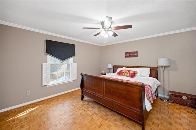 bedroom featuring ceiling fan, light parquet flooring, and ornamental molding