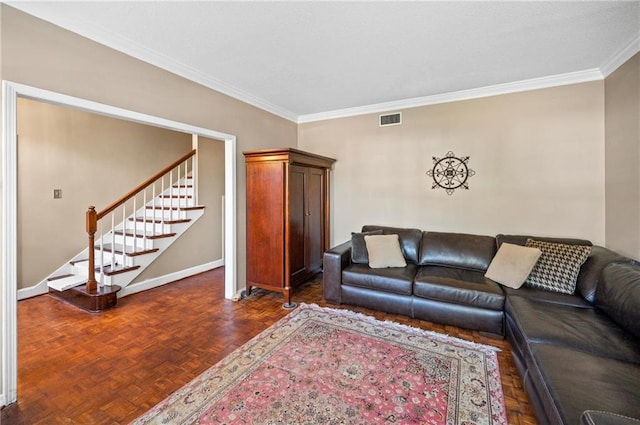 living room with crown molding and dark parquet floors