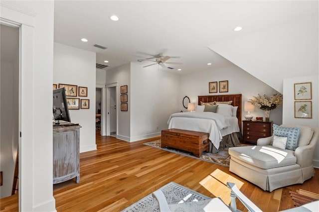 bedroom featuring ceiling fan and hardwood / wood-style floors