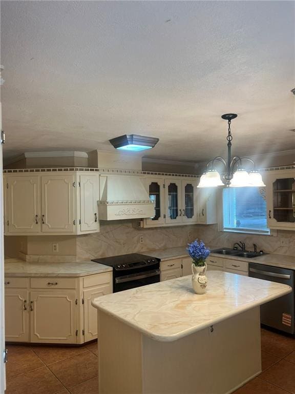 kitchen featuring dishwasher, custom exhaust hood, black / electric stove, light countertops, and a textured ceiling