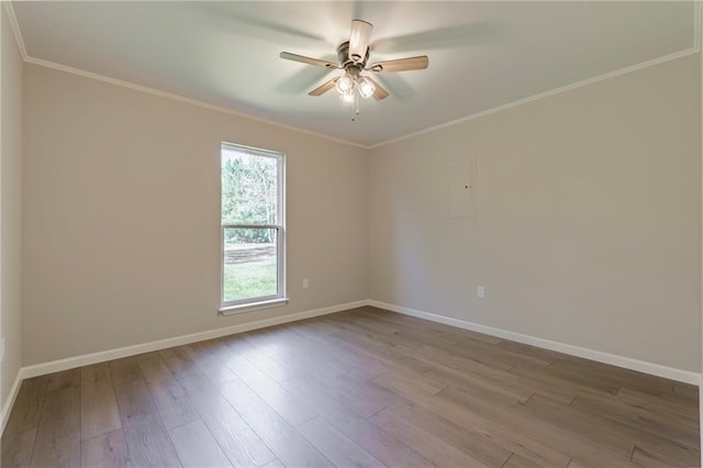 empty room with ceiling fan, ornamental molding, and light hardwood / wood-style flooring