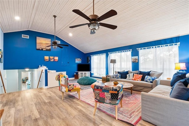 living area featuring lofted ceiling, wooden ceiling, wood finished floors, and visible vents