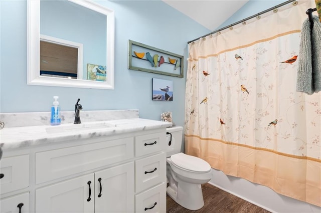 bathroom with toilet, vanity, wood finished floors, and lofted ceiling