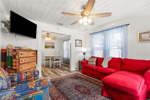 living area with ceiling fan, visible vents, wood finished floors, and wood ceiling