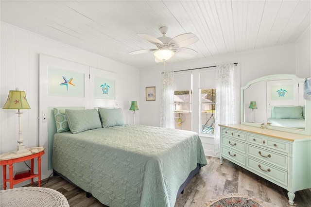 bedroom with wooden ceiling, a ceiling fan, and wood finished floors