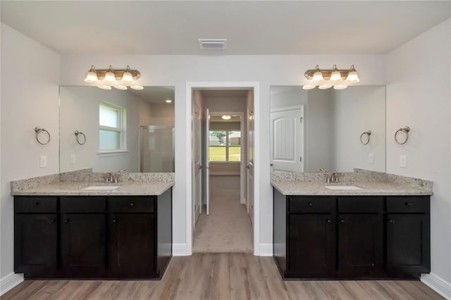 bathroom with visible vents, two vanities, and a sink