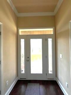 foyer entrance with a wealth of natural light, crown molding, and dark hardwood / wood-style flooring