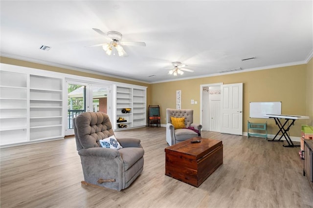 704 Providence Estates Dr E, Mobile, AL 36695 - living room with a ceiling fan, crown molding, wood finished floors, french doors, and baseboards