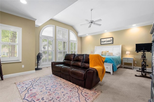 704 Providence Estates Dr E, Mobile, AL 36695 - carpeted bedroom with multiple windows, baseboards, recessed lighting, lofted ceiling, and a ceiling fan