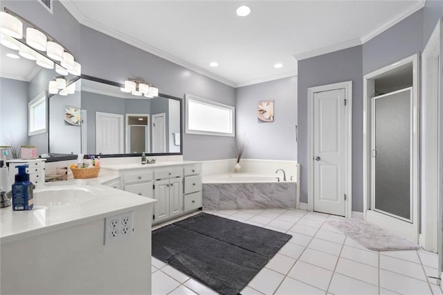 704 Providence Estates Dr E, Mobile, AL 36695 - full bath with ornamental molding, a stall shower, a bath, tile patterned floors, and vanity