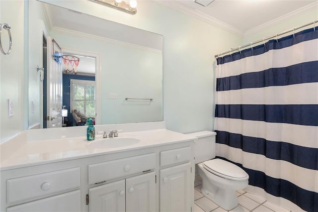 704 Providence Estates Dr E, Mobile, AL 36695 - full bathroom with tile patterned floors, vanity, toilet, crown molding, and a shower with curtain