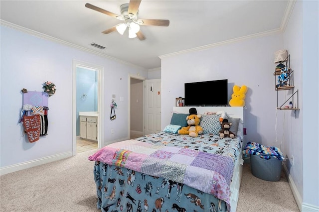 704 Providence Estates Dr E, Mobile, AL 36695 - bedroom featuring carpet, ornamental molding, baseboards, ceiling fan, and ensuite bath