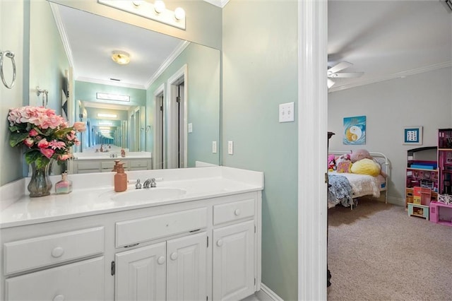 704 Providence Estates Dr E, Mobile, AL 36695 - bathroom with crown molding, ensuite bath, vanity, ceiling fan, and baseboards
