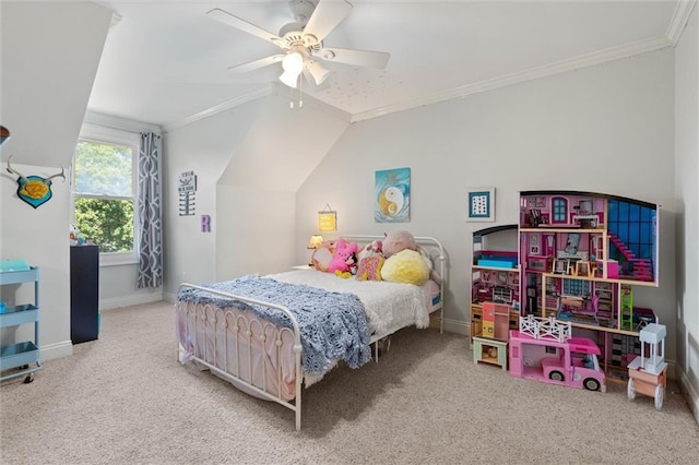 704 Providence Estates Dr E, Mobile, AL 36695 - bedroom featuring ornamental molding, carpet, baseboards, ceiling fan, and lofted ceiling
