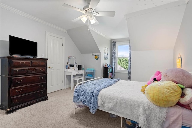 704 Providence Estates Dr E, Mobile, AL 36695 - bedroom featuring carpet, vaulted ceiling, ornamental molding, and ceiling fan