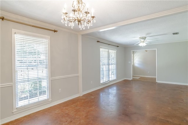 unfurnished room featuring a healthy amount of sunlight, crown molding, a textured ceiling, and ceiling fan with notable chandelier