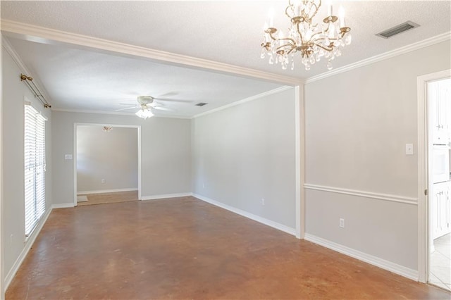 spare room with crown molding, a textured ceiling, and ceiling fan with notable chandelier