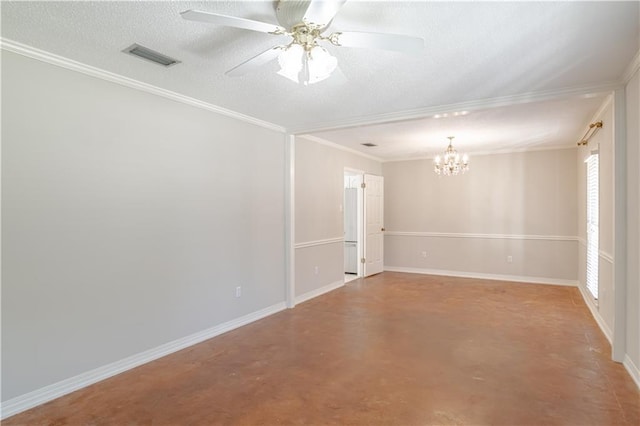 unfurnished room with a textured ceiling, crown molding, and ceiling fan with notable chandelier