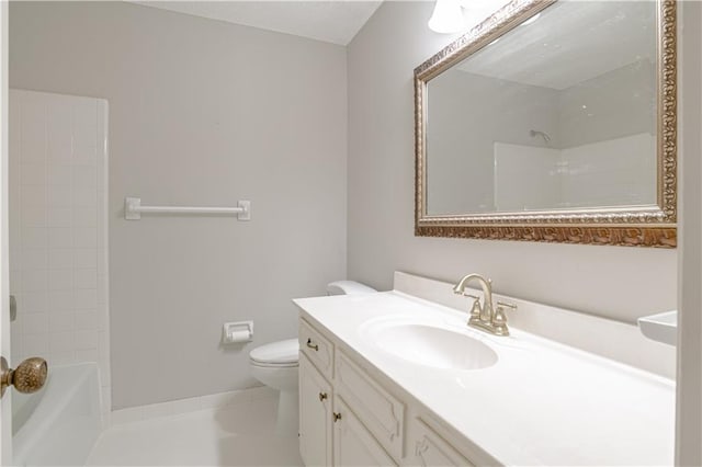 full bathroom featuring bathing tub / shower combination, tile floors, toilet, and oversized vanity