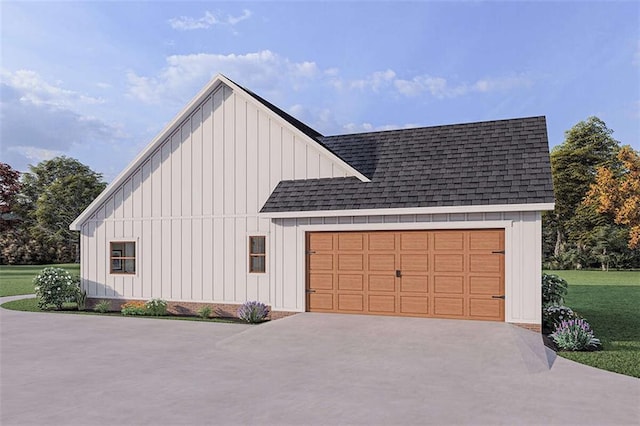 view of home's exterior with concrete driveway, board and batten siding, and roof with shingles