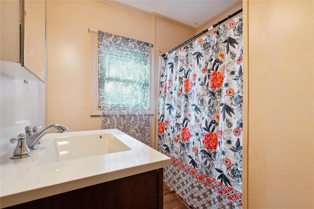 bathroom with crown molding, vanity, and hardwood / wood-style floors