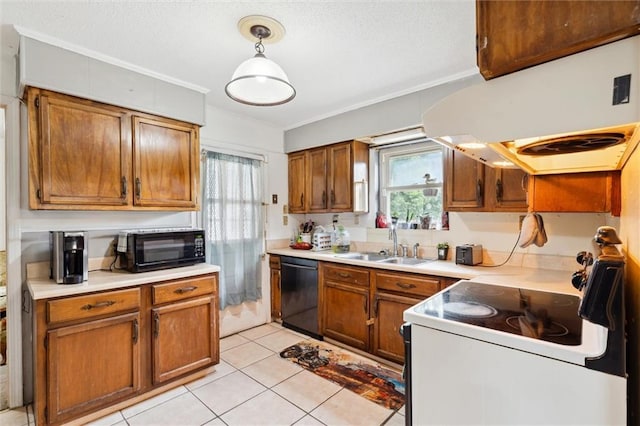 kitchen with sink, light tile patterned floors, black appliances, decorative light fixtures, and exhaust hood