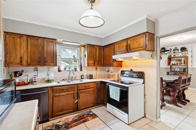 kitchen featuring sink, crown molding, white electric range, dishwasher, and decorative light fixtures