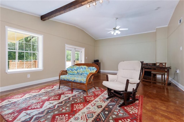 6659 Viking Way, Mobile, AL 36582 - sitting room featuring ceiling fan, vaulted ceiling, and ornamental molding