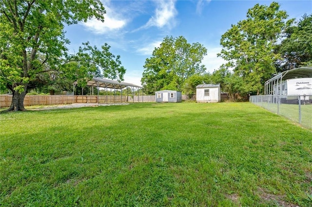 view of yard with a carport and a shed