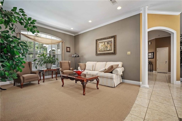 2765 Knollwood Dr, Mobile, AL 36693 - living area featuring arched walkways, recessed lighting, baseboards, crown molding, and light tile patterned flooring