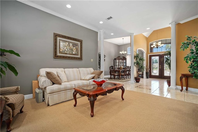 2765 Knollwood Dr, Mobile, AL 36693 - living area with decorative columns, a chandelier, baseboards, ornamental molding, and recessed lighting