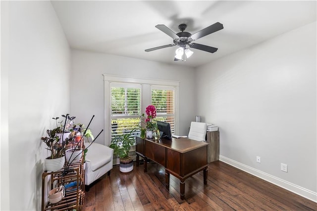 office with baseboards, a ceiling fan, and wood-type flooring