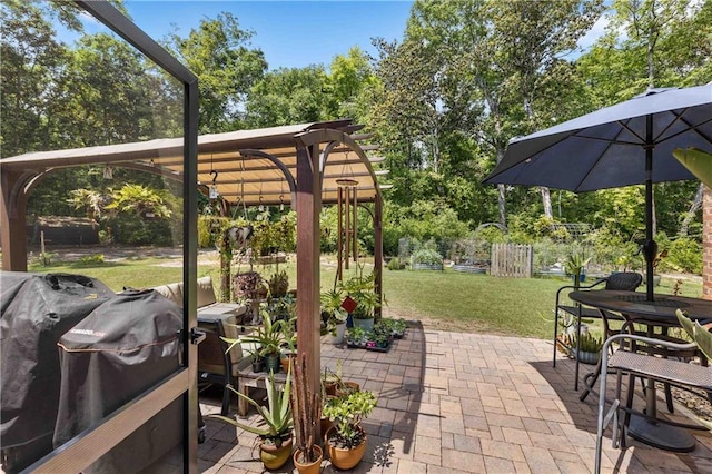 view of patio / terrace featuring a pergola and area for grilling
