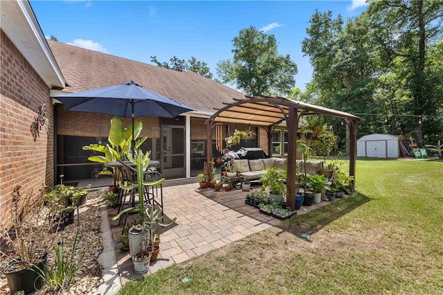view of patio with an outdoor structure, a pergola, a shed, and an outdoor living space