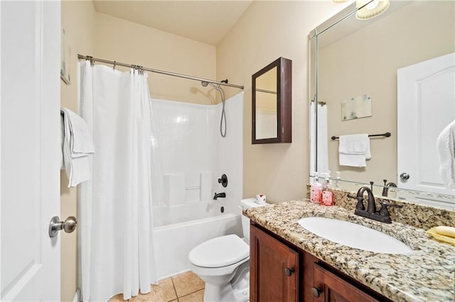 full bathroom with toilet, shower / bath combo, vanity, and tile patterned floors