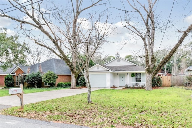 single story home with a garage, concrete driveway, a chimney, fence, and a front lawn